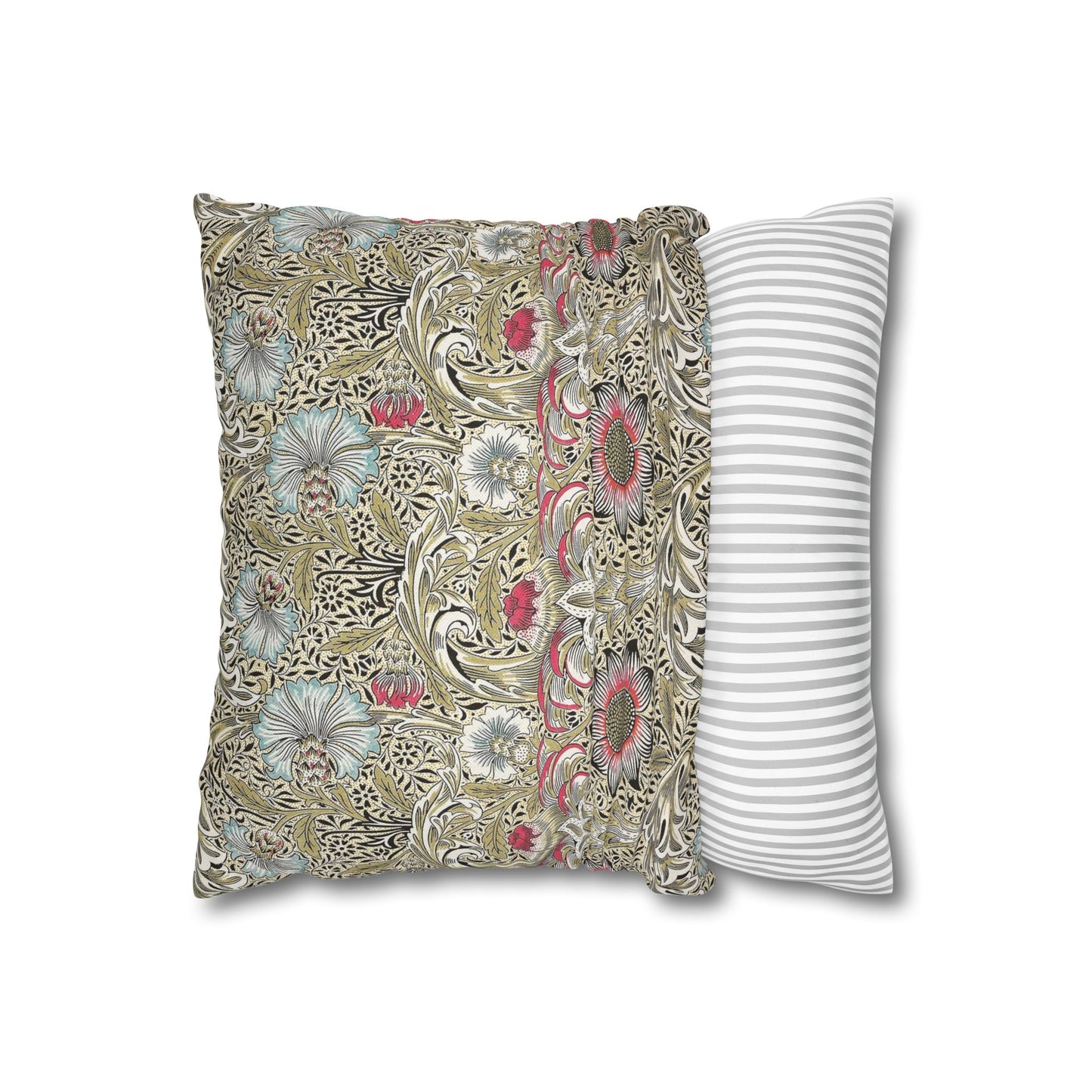 Decorative pillow with floral pattern next to a striped pillow on a white background
