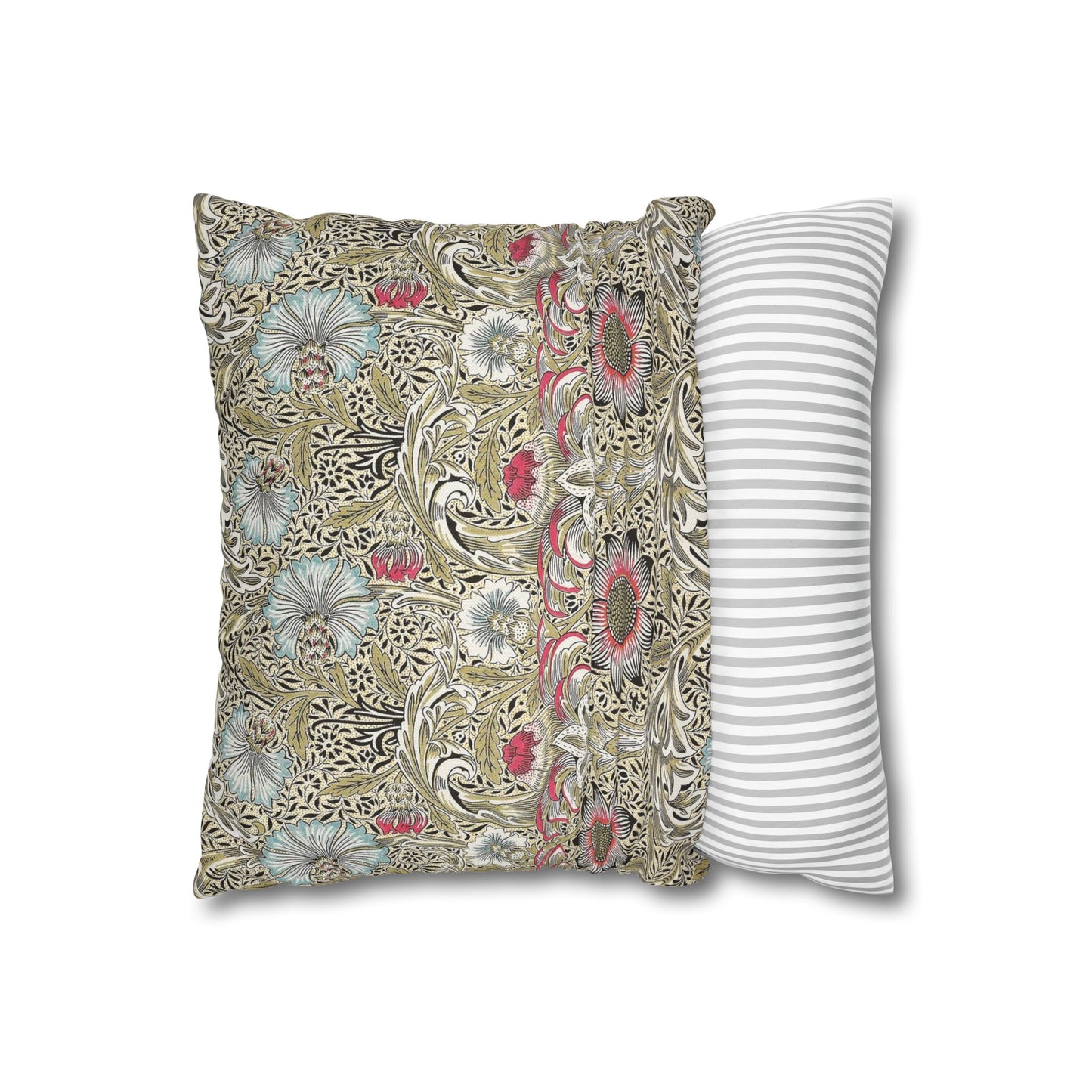 Decorative pillow with floral pattern next to a striped pillow on a white background