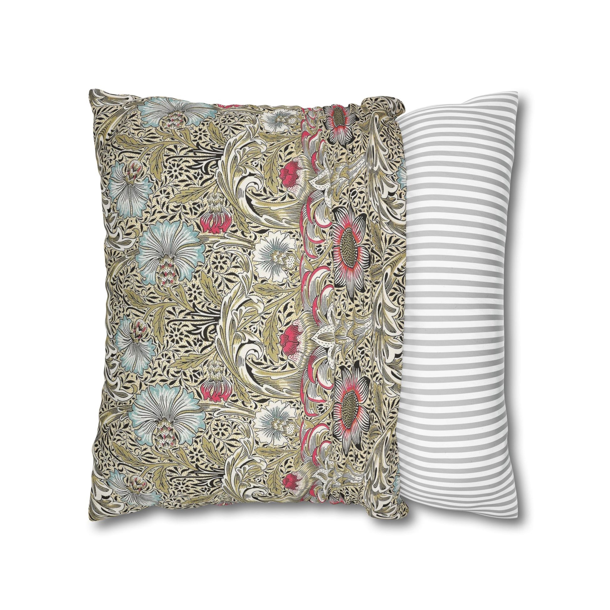 Two decorative pillows, one with floral pattern and one with stripes, on a white background.