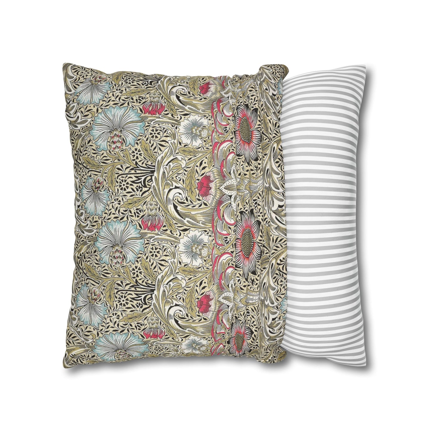 Decorative pillow with floral pattern next to a striped pillow on a white background