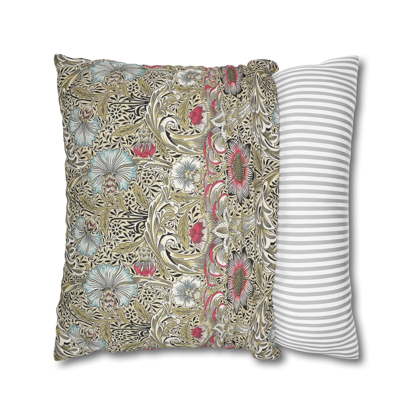 Two pillows, one with floral embroidery and the other with a striped pattern, on a white background.