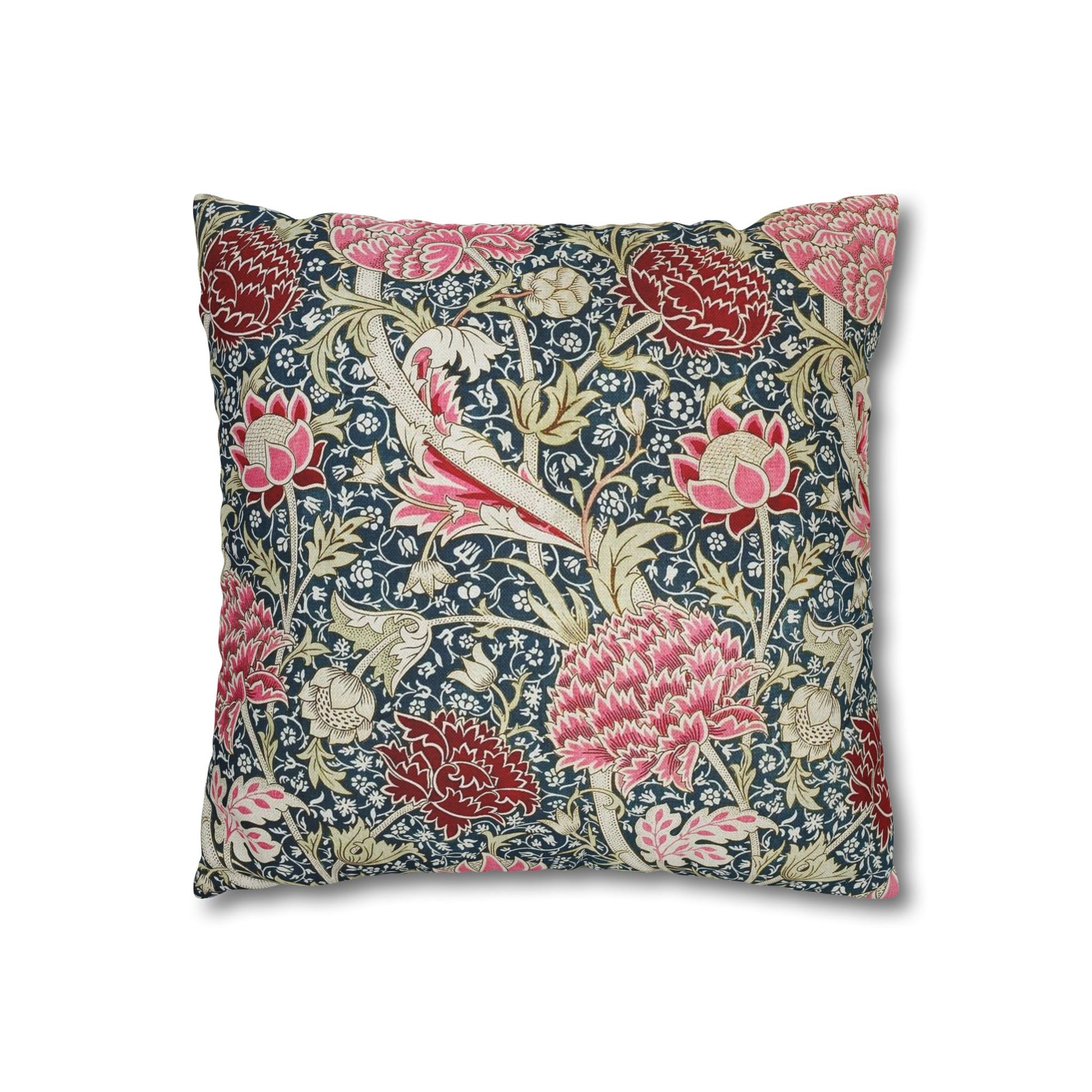 Decorative pillow with floral and bird pattern on a white background