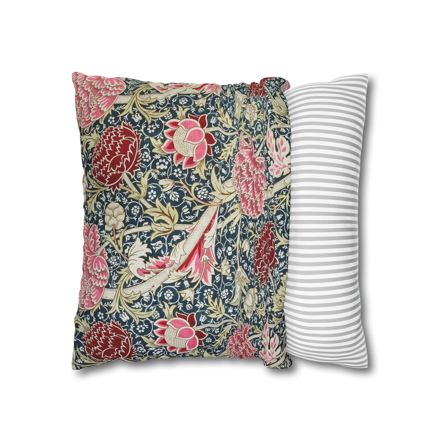 Floral-patterned pillow and a striped pillow on a white background