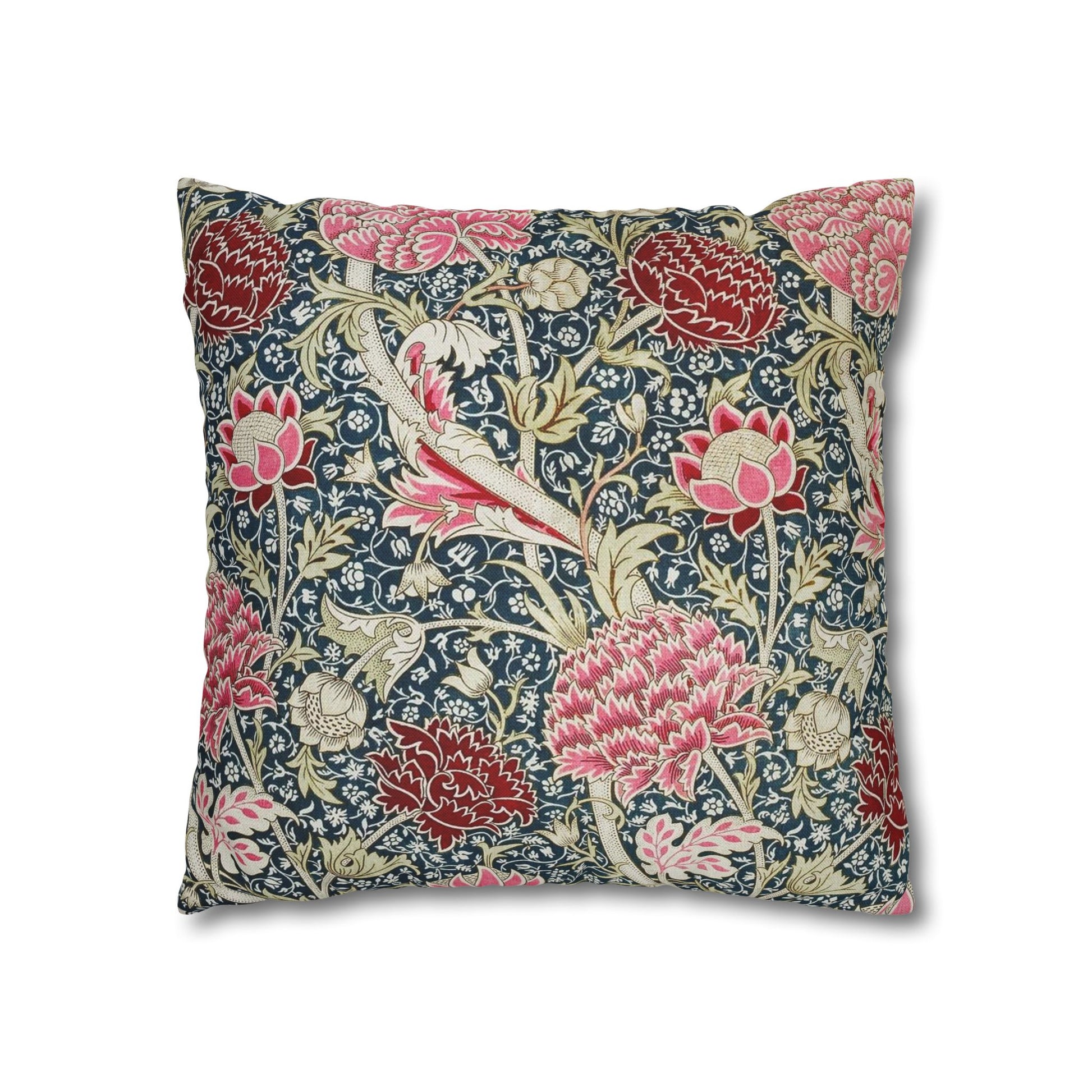 Decorative pillow with floral and bird pattern on a white background