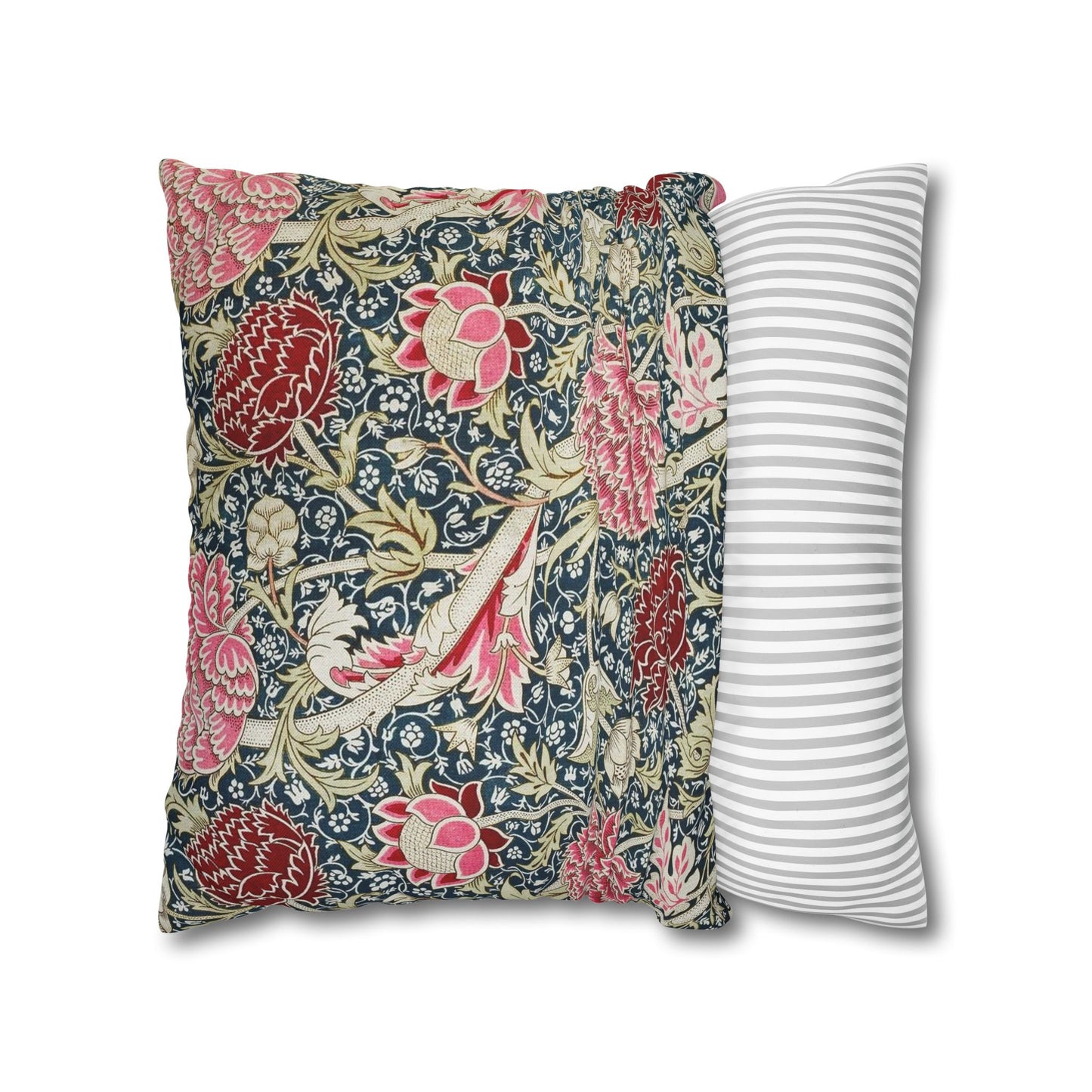 Two pillows, one with floral pattern and one with striped pattern, on a white background.