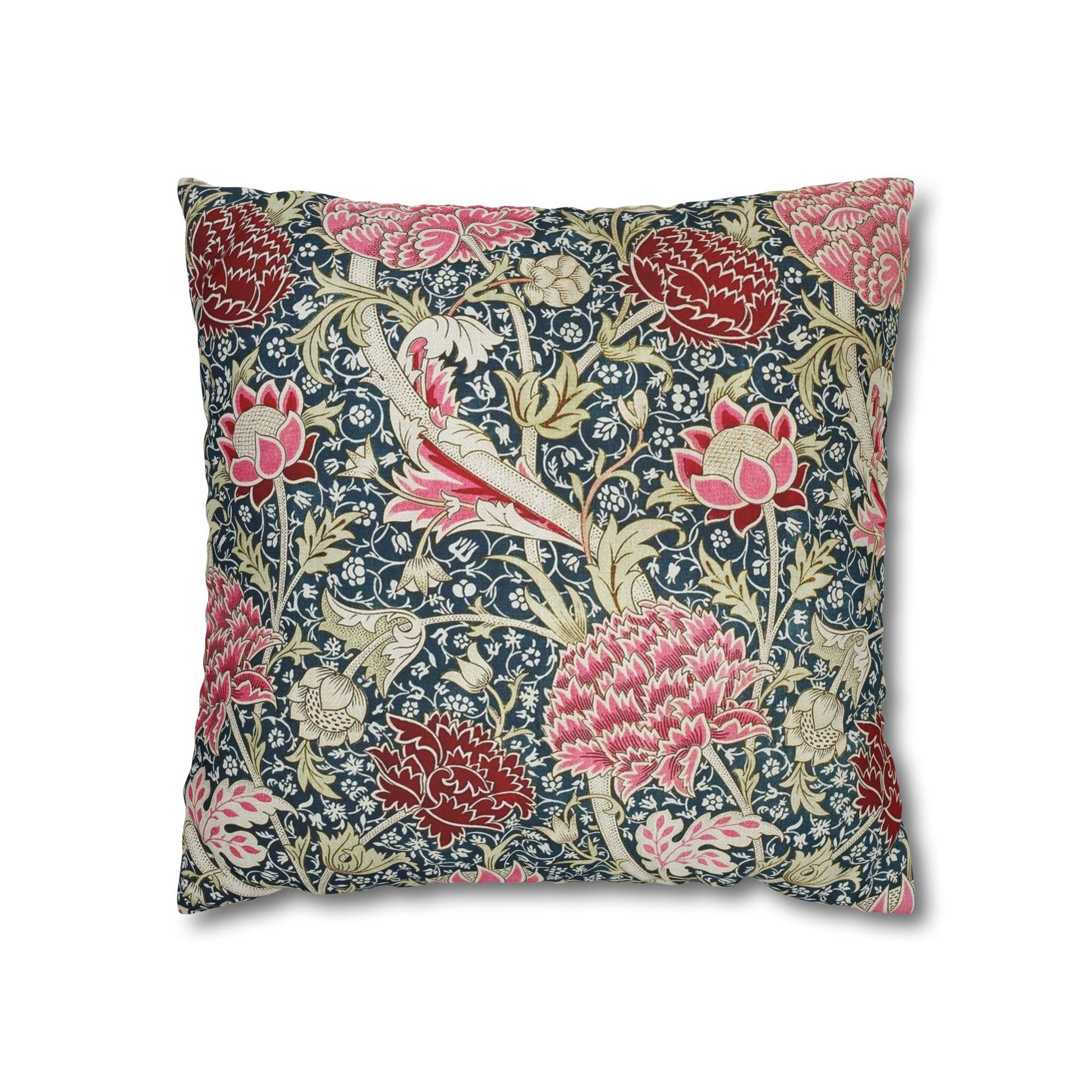 Decorative pillow with floral and bird pattern on a white background