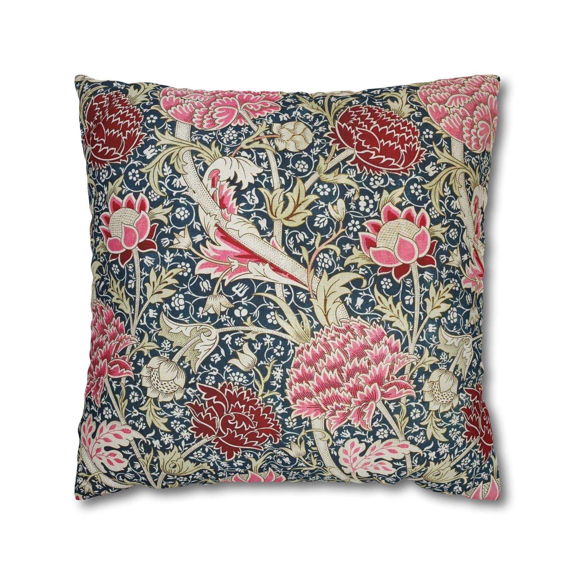 Decorative pillow with floral and bird pattern on a white background