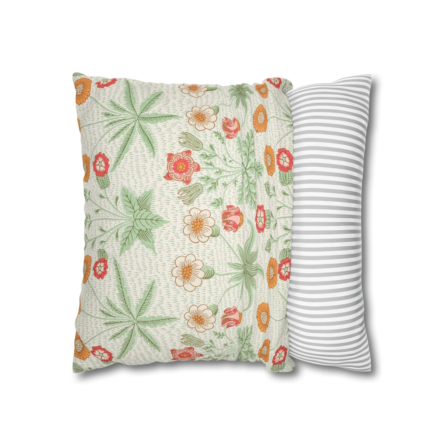 Two pillows, one with floral pattern and one with striped pattern, on a white background.