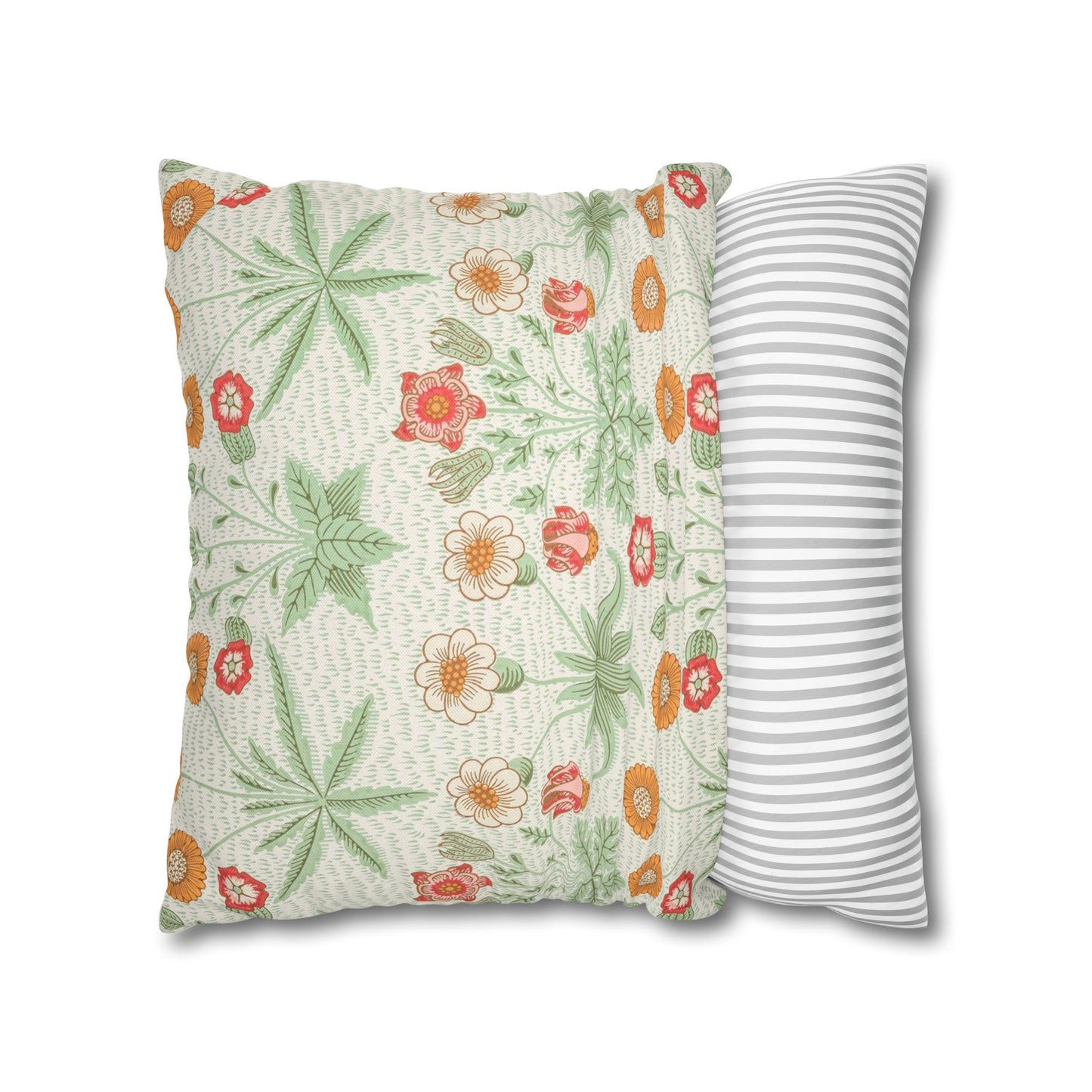 Two pillows, one with floral pattern and the other with striped pattern, on a white background.