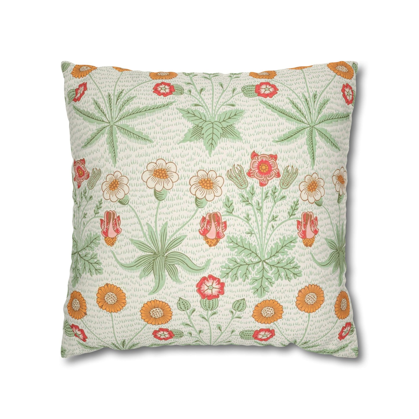 Floral patterned pillow with green leaves and red flowers on a white background