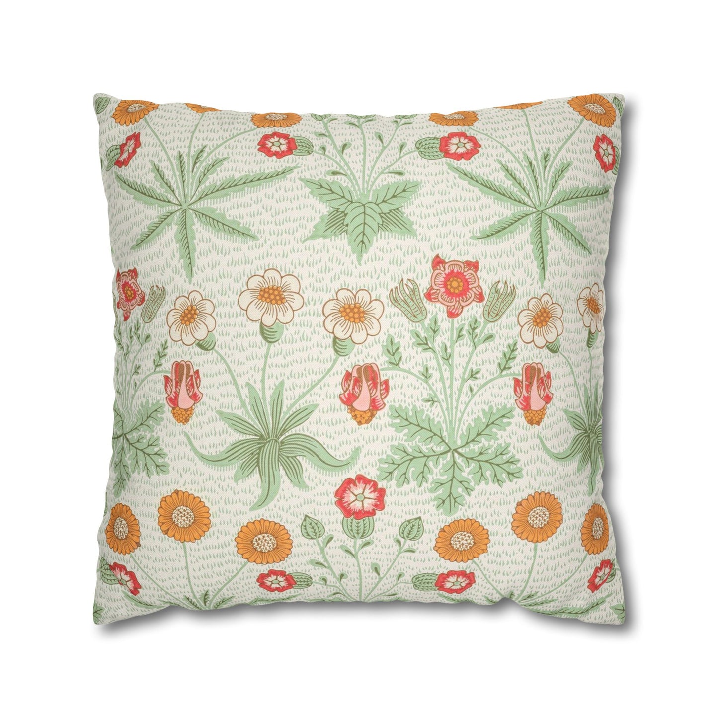 Floral patterned pillow with green leaves and colorful flowers on a white background