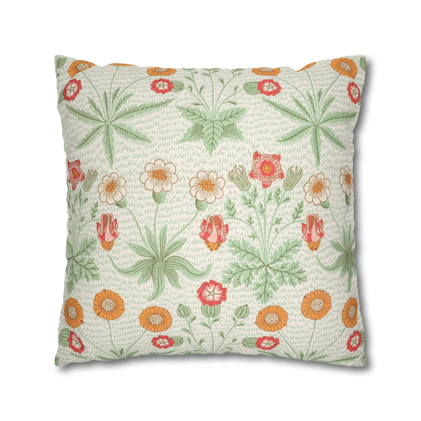Floral patterned pillow with green leaves and colorful flowers on a white background