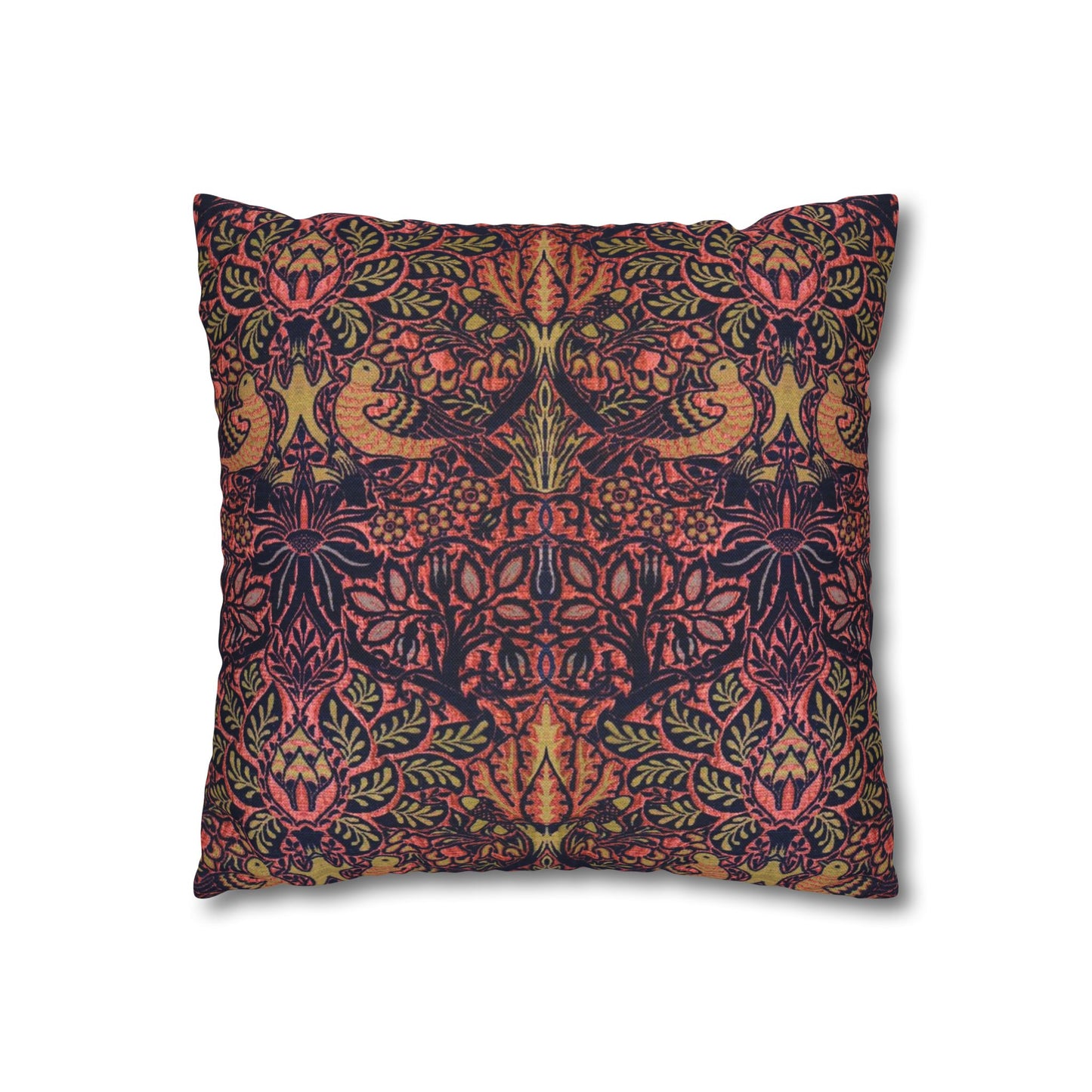 Decorative pillow with a floral and bird pattern on a white background