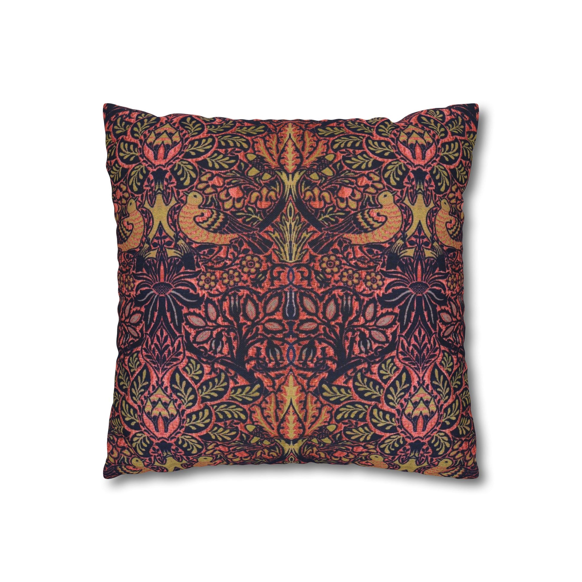Decorative pillow with a floral and bird pattern on a white background