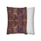 Two pillows, one with a colorful pattern and the other with a striped design, on a white background.