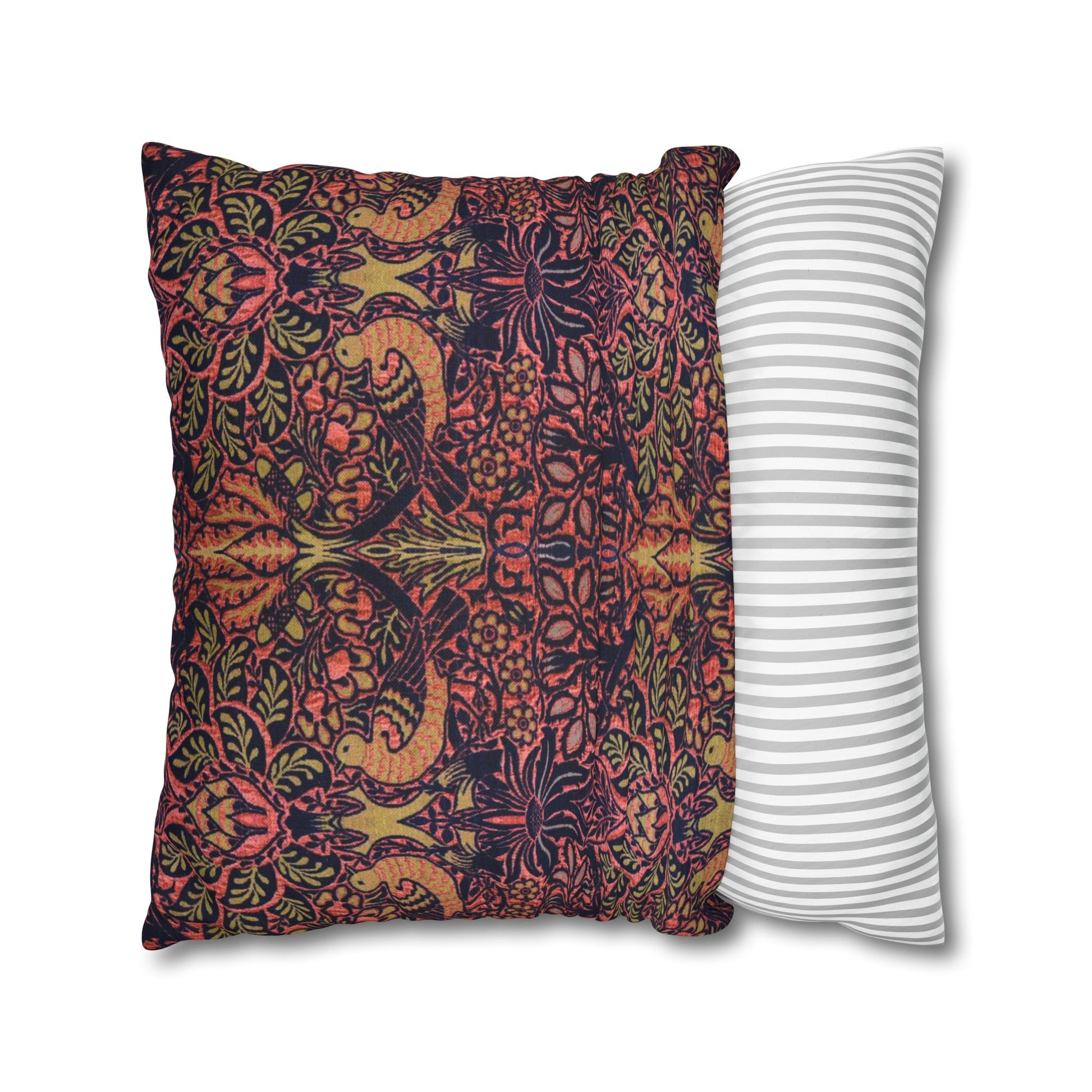 Two pillows, one with a colorful pattern and the other with a white and gray striped pattern, on a white background.