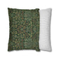 Two pillows, one with a green floral pattern and the other with white stripes, on a white background.