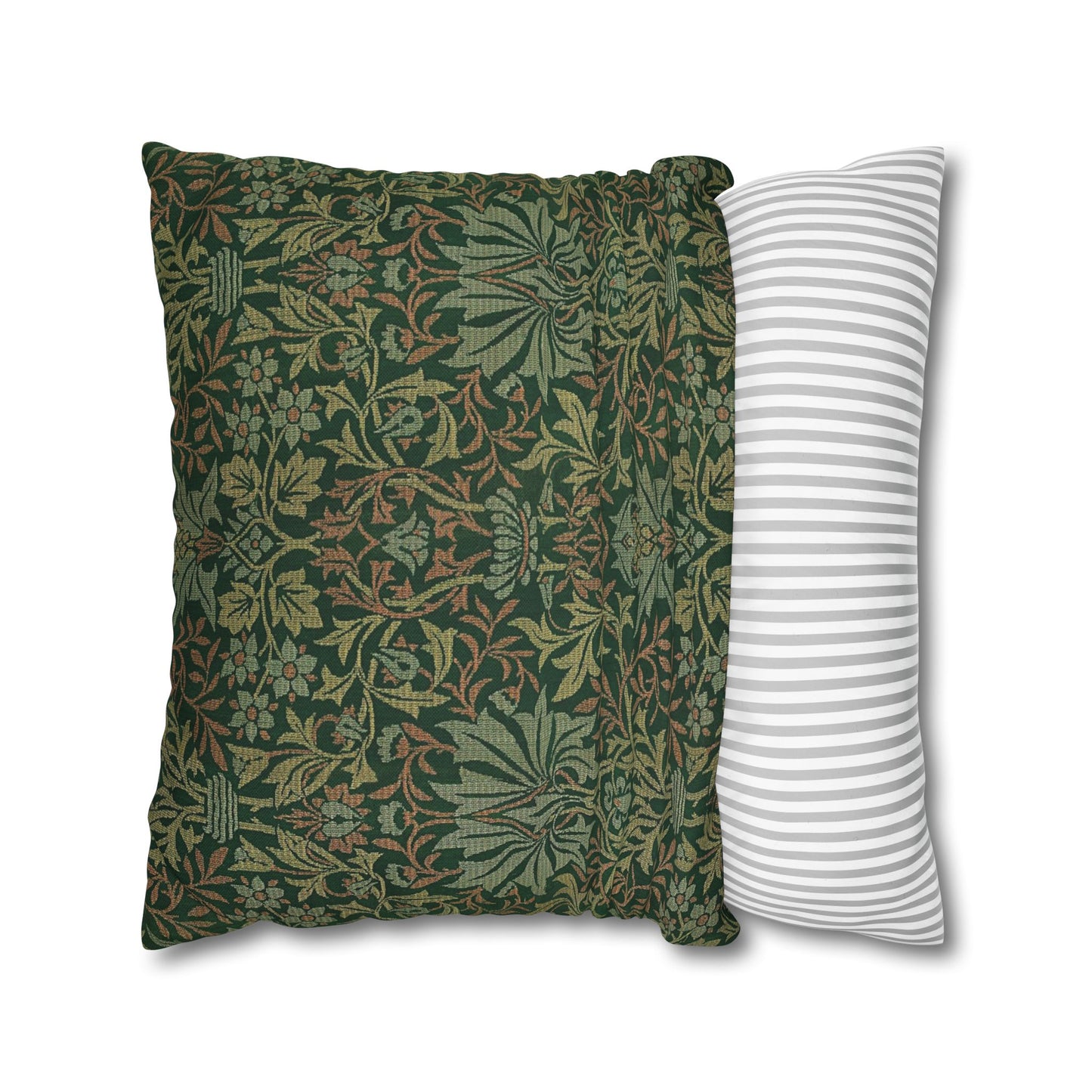 Two pillows, one with a green floral pattern and the other with white stripes, on a white background.