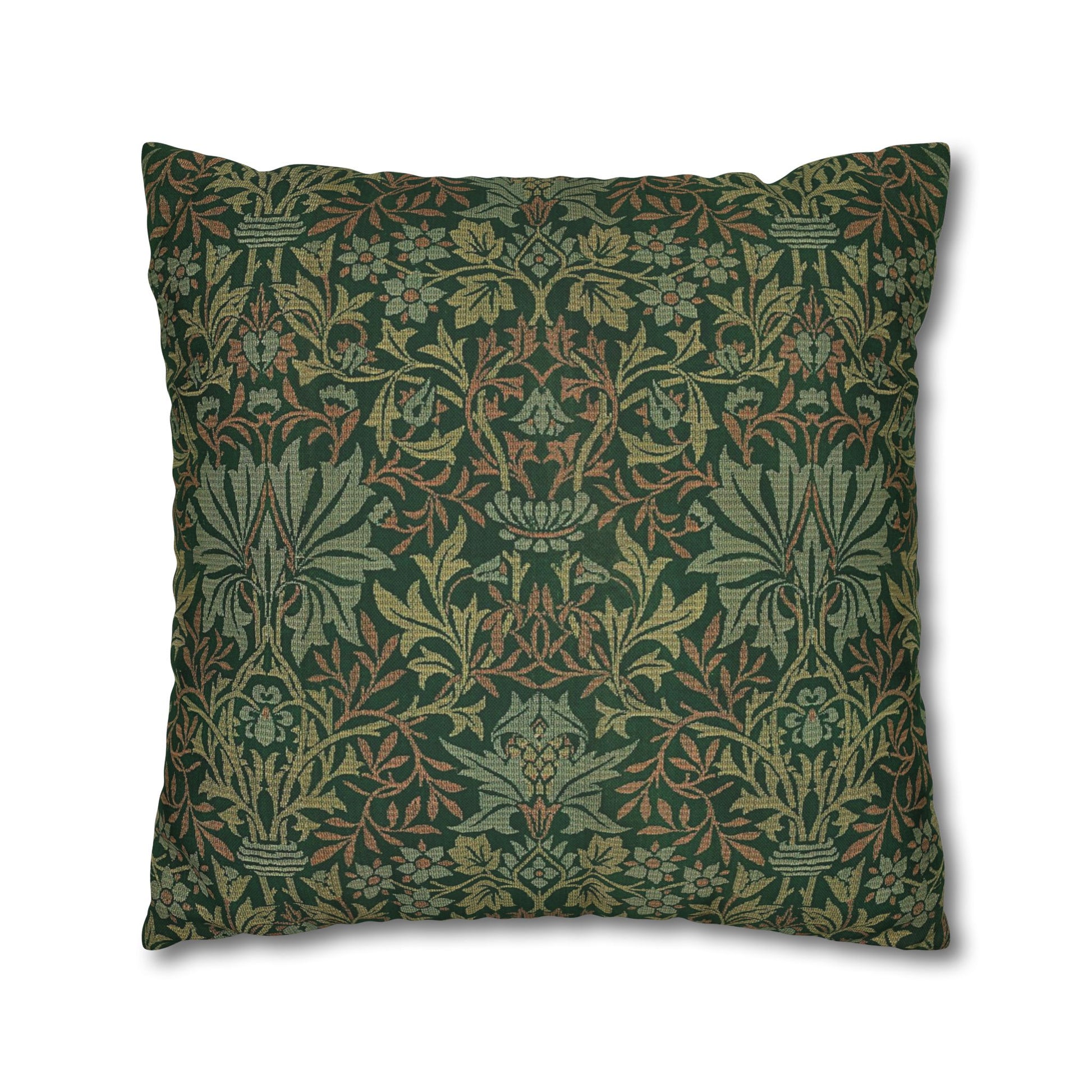 Decorative pillow with a green and brown floral pattern on a white background