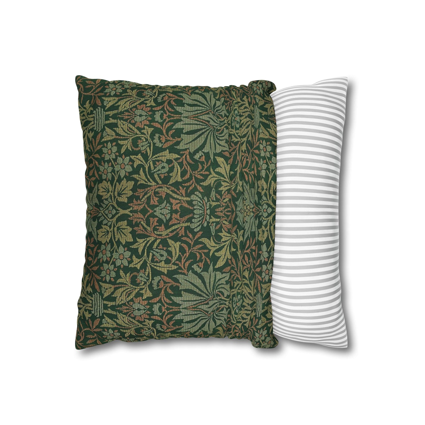 Two pillows, one with a green floral pattern and the other with white stripes, on a white background.