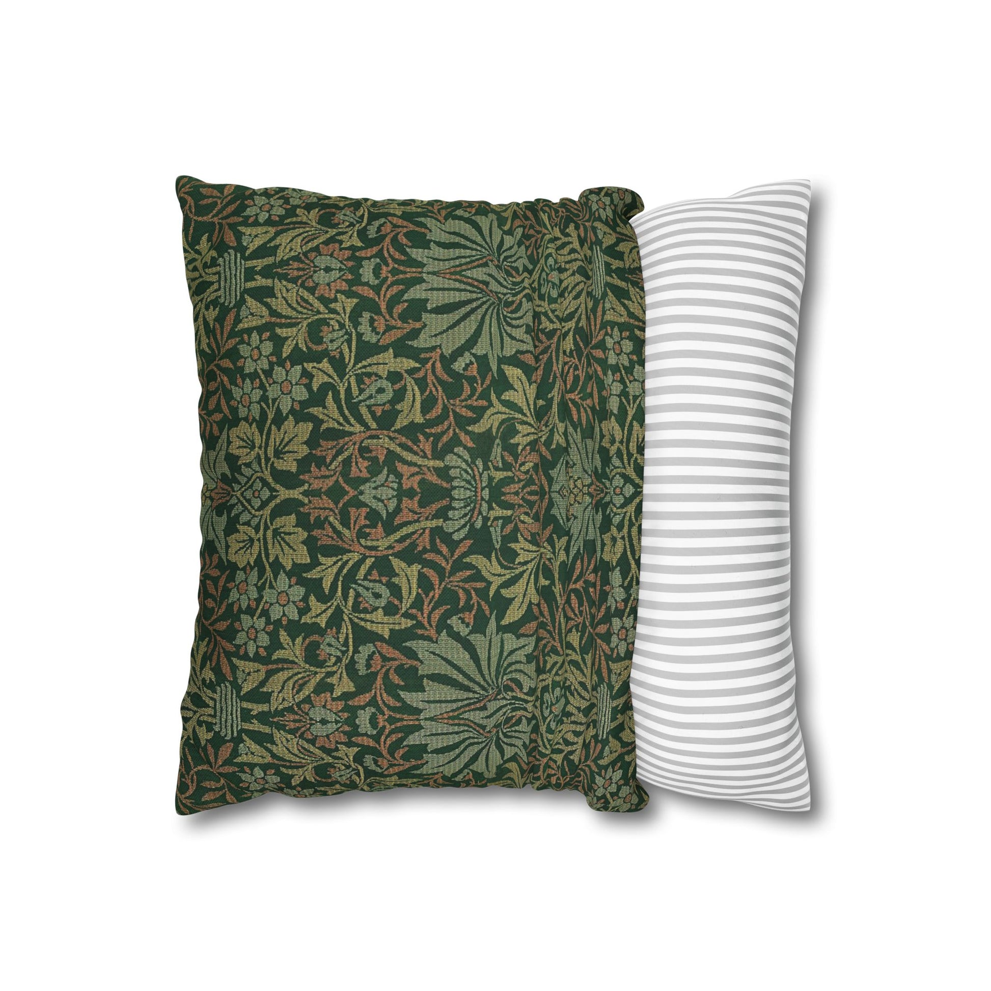 Two pillows, one with a green floral pattern and the other with white stripes, on a white background.