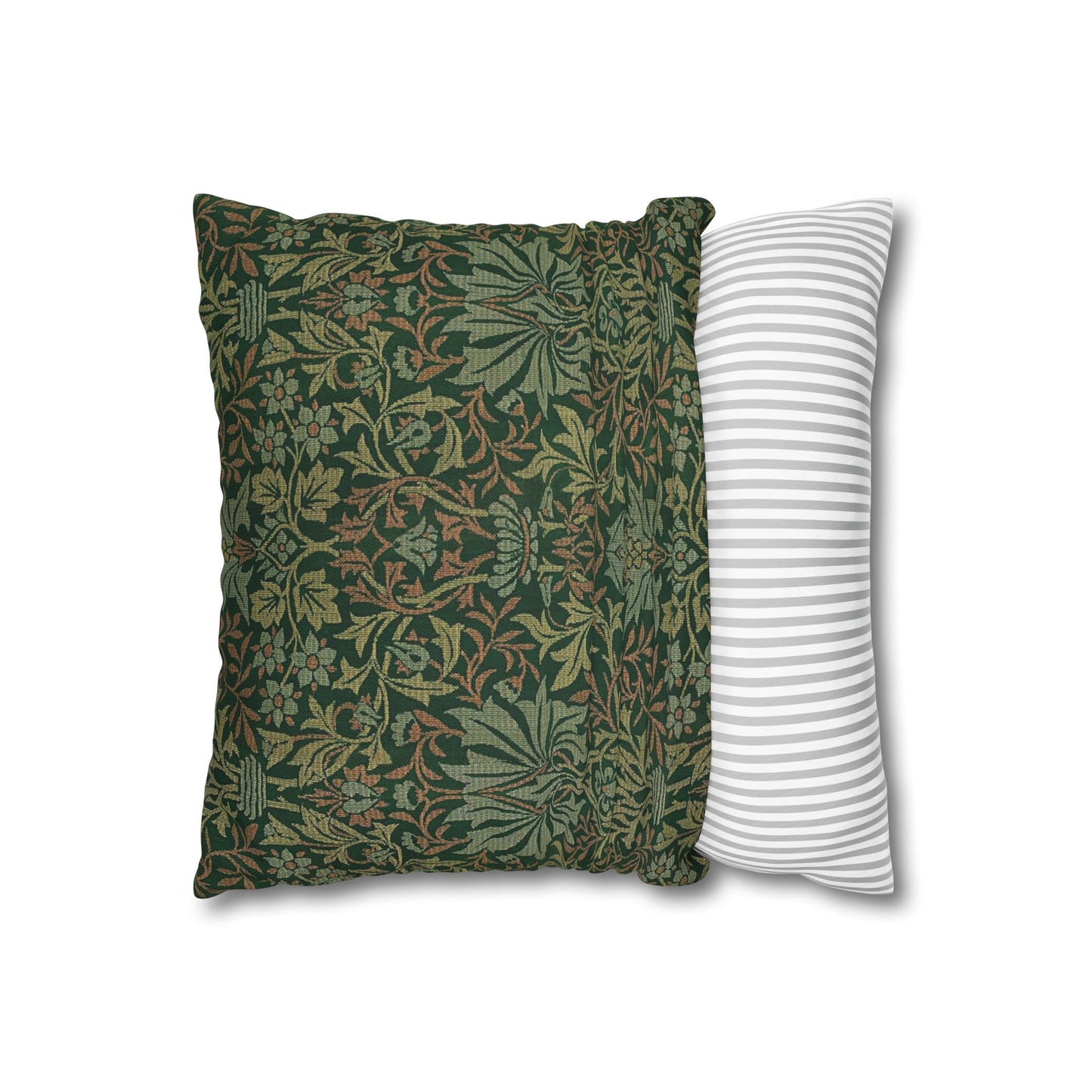 Two pillows, one with a green floral pattern and the other with white stripes, on a white background.