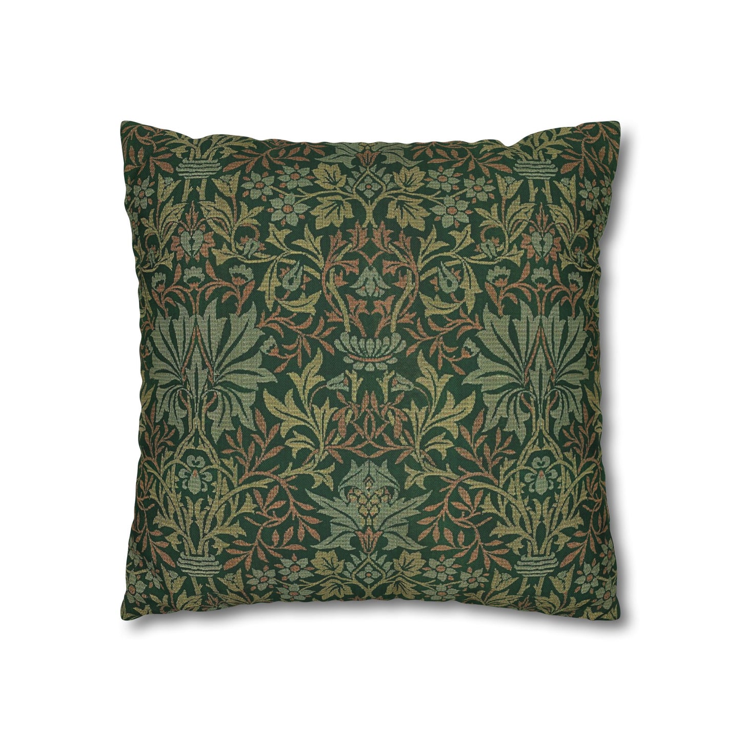 Decorative pillow with intricate green and brown pattern on a white background