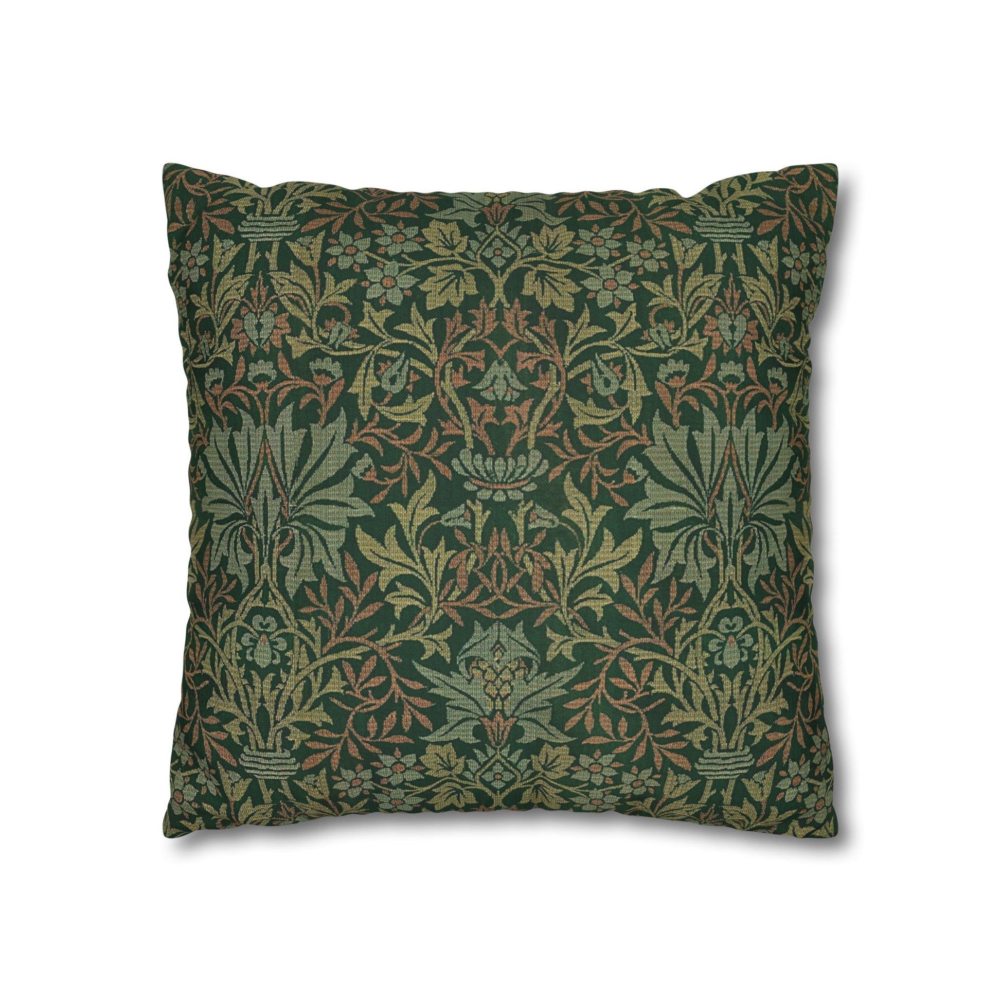 Decorative pillow with intricate green and brown pattern on a white background