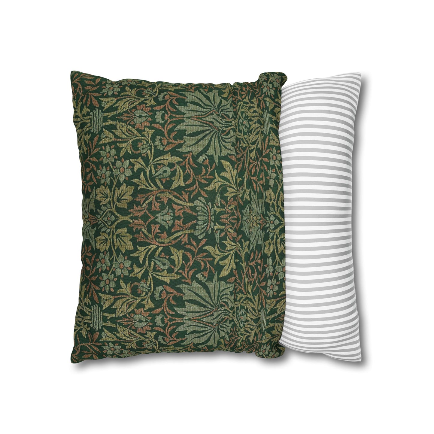 Two pillows, one with a green floral pattern and the other with a white and gray striped pattern, on a white background.