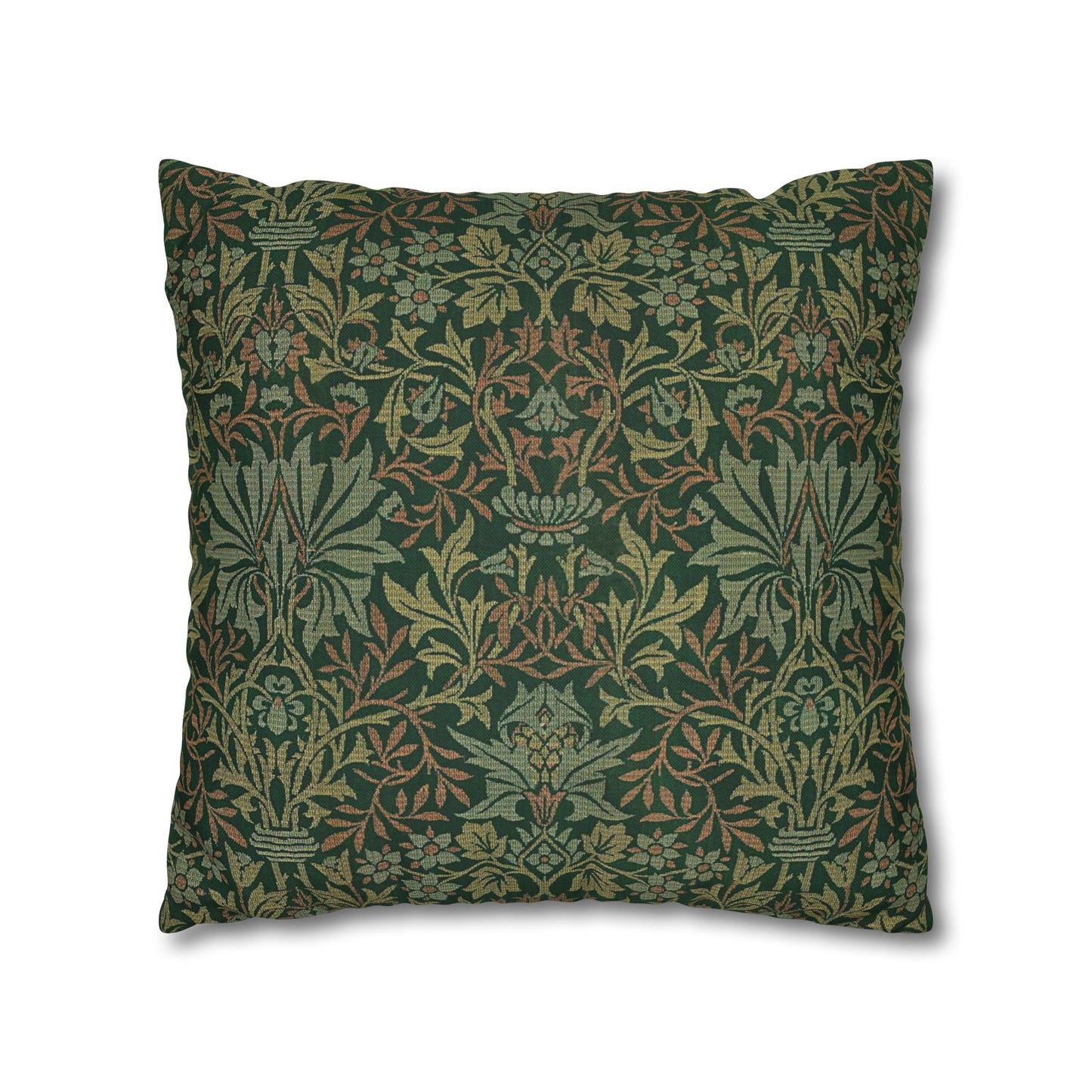 Decorative pillow with intricate green and brown pattern on a white background