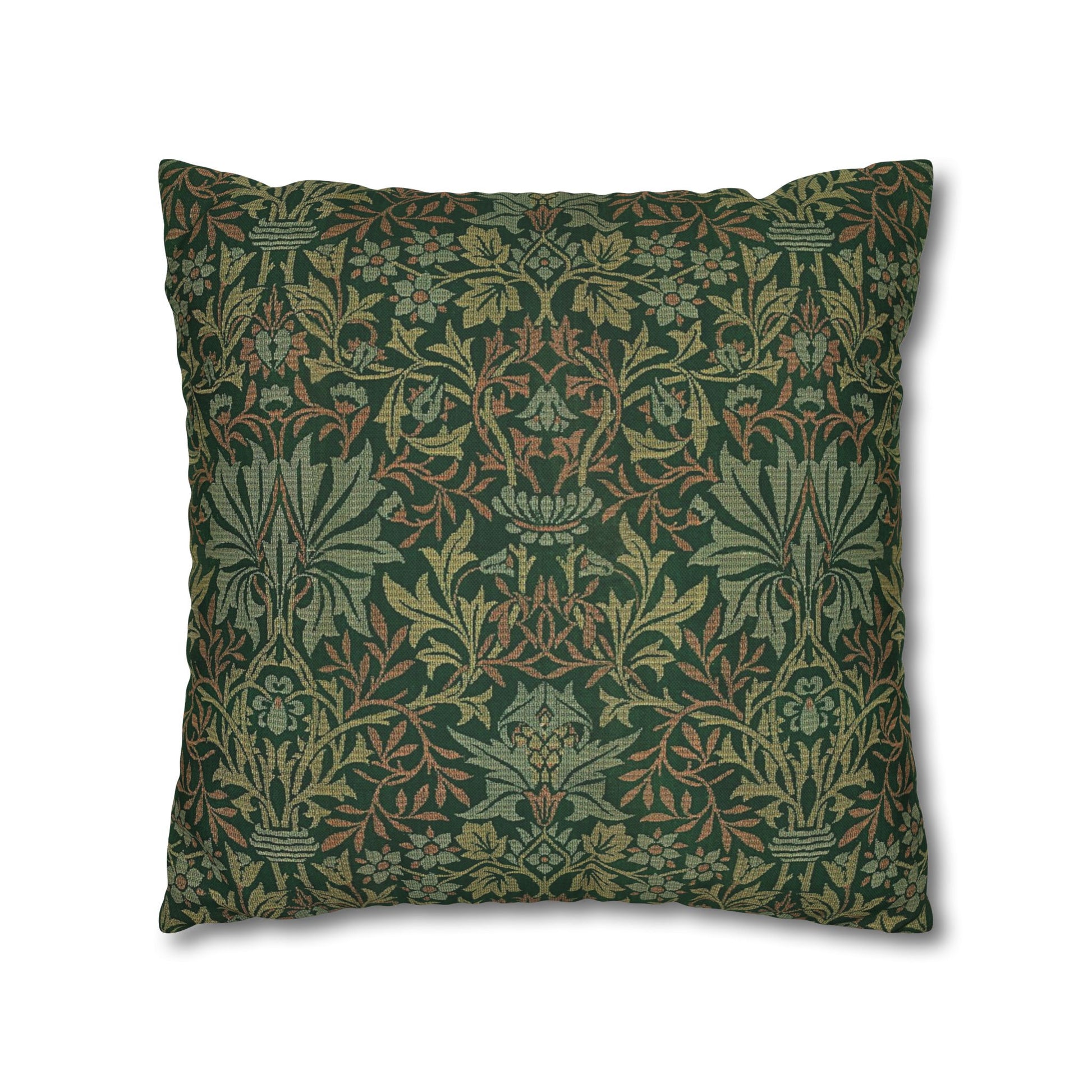 Decorative pillow with intricate green and brown pattern on a white background