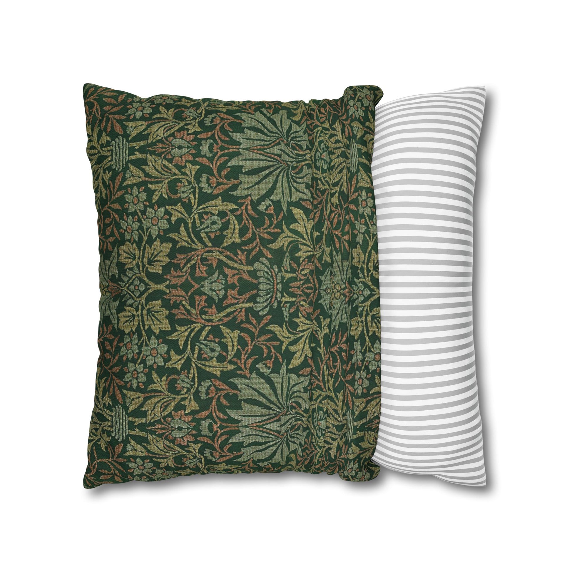 Two pillows, one with a brown plaid pattern and the other with a white and gray striped pattern, on a white background.