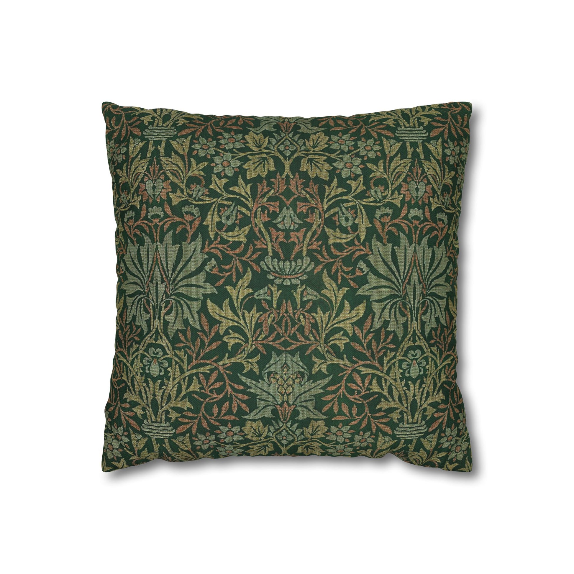 Decorative pillow with a green floral pattern on a white background