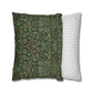 Two pillows, one with a green floral pattern and the other with white stripes, on a white background.