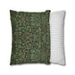 Two pillows, one with a green floral pattern and the other with a white and gray striped pattern, on a white background.