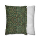 Two pillows, one with a green floral pattern and the other with white stripes, on a white background.