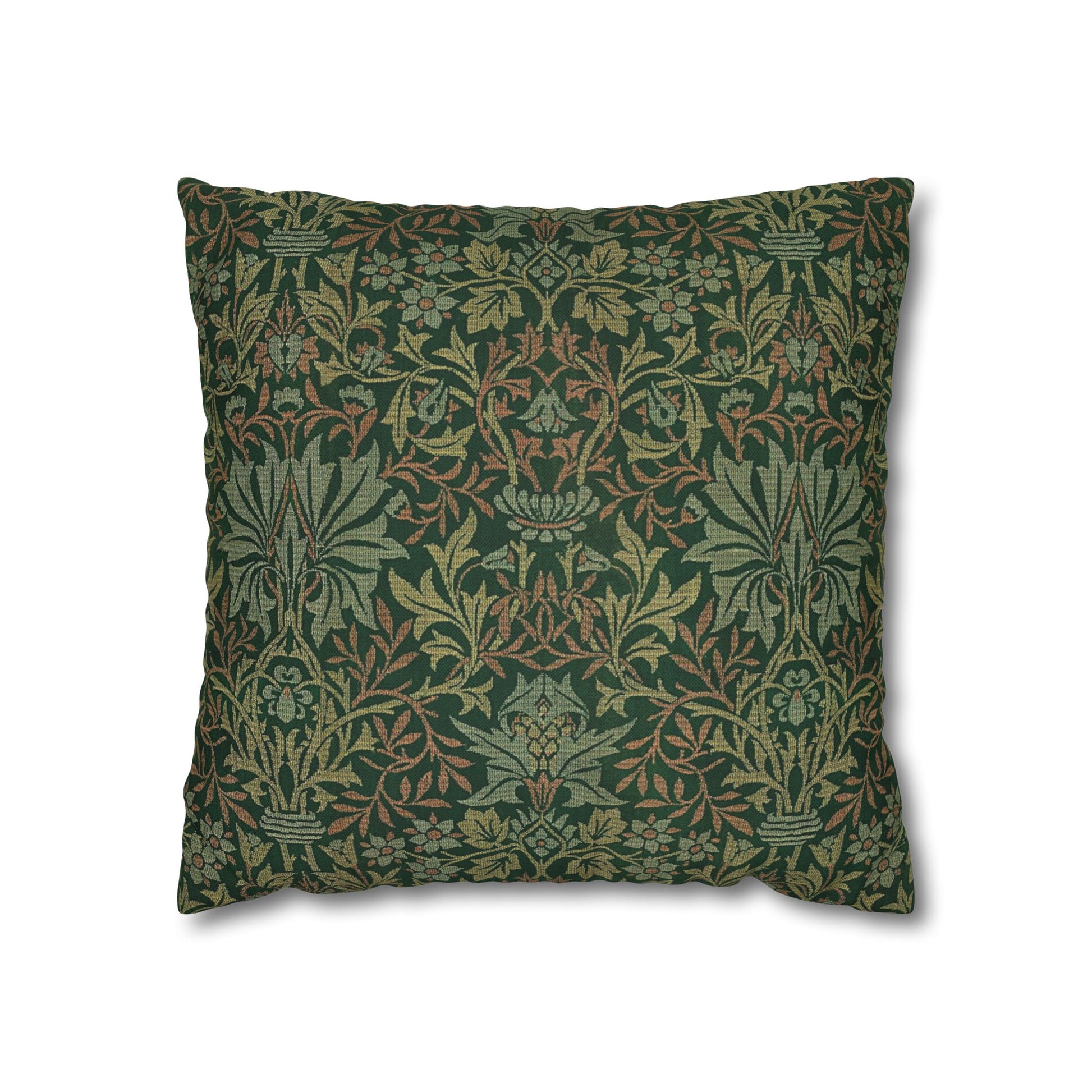 Decorative pillow with intricate green and brown pattern on a white background