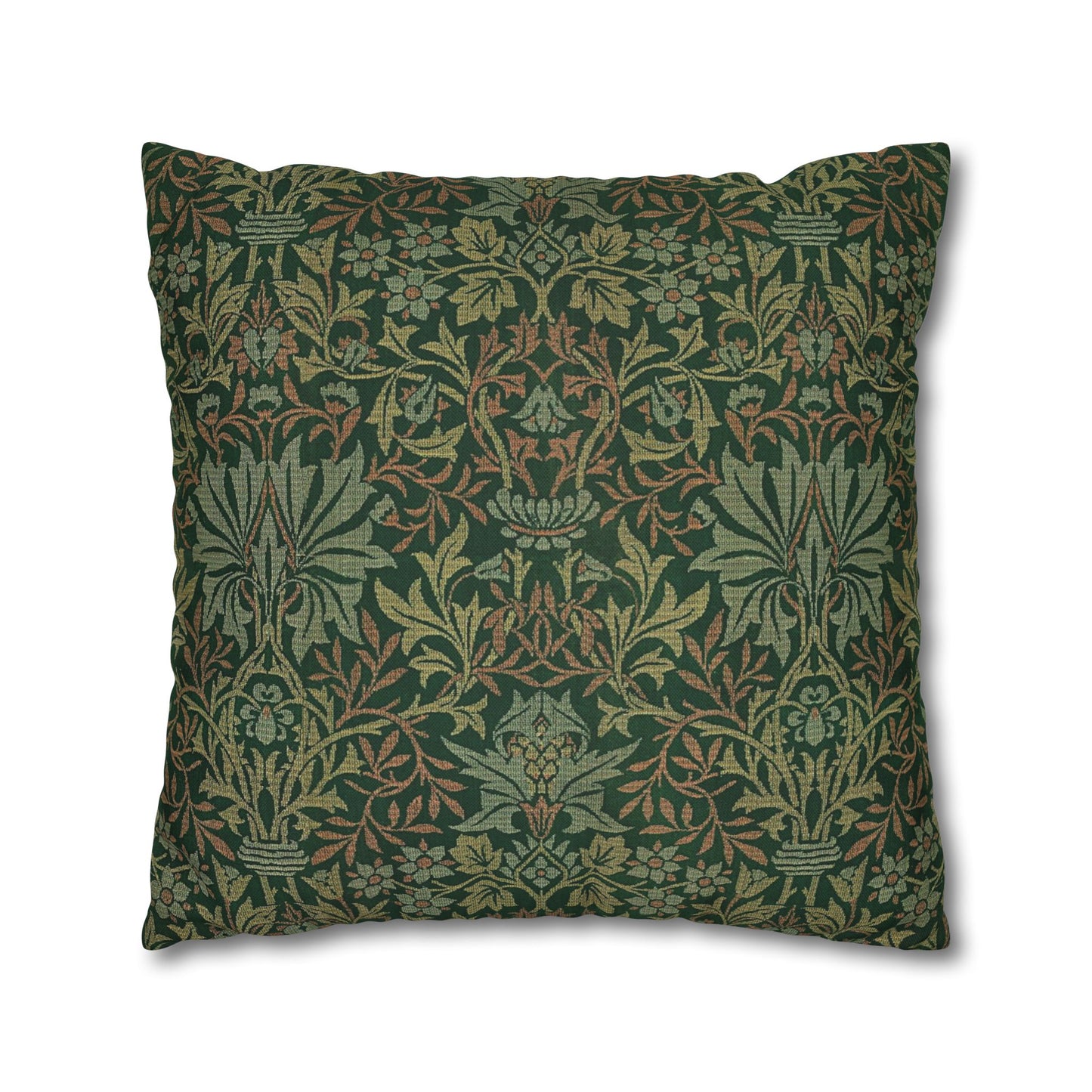 Decorative pillow with intricate green and brown floral pattern on a white background
