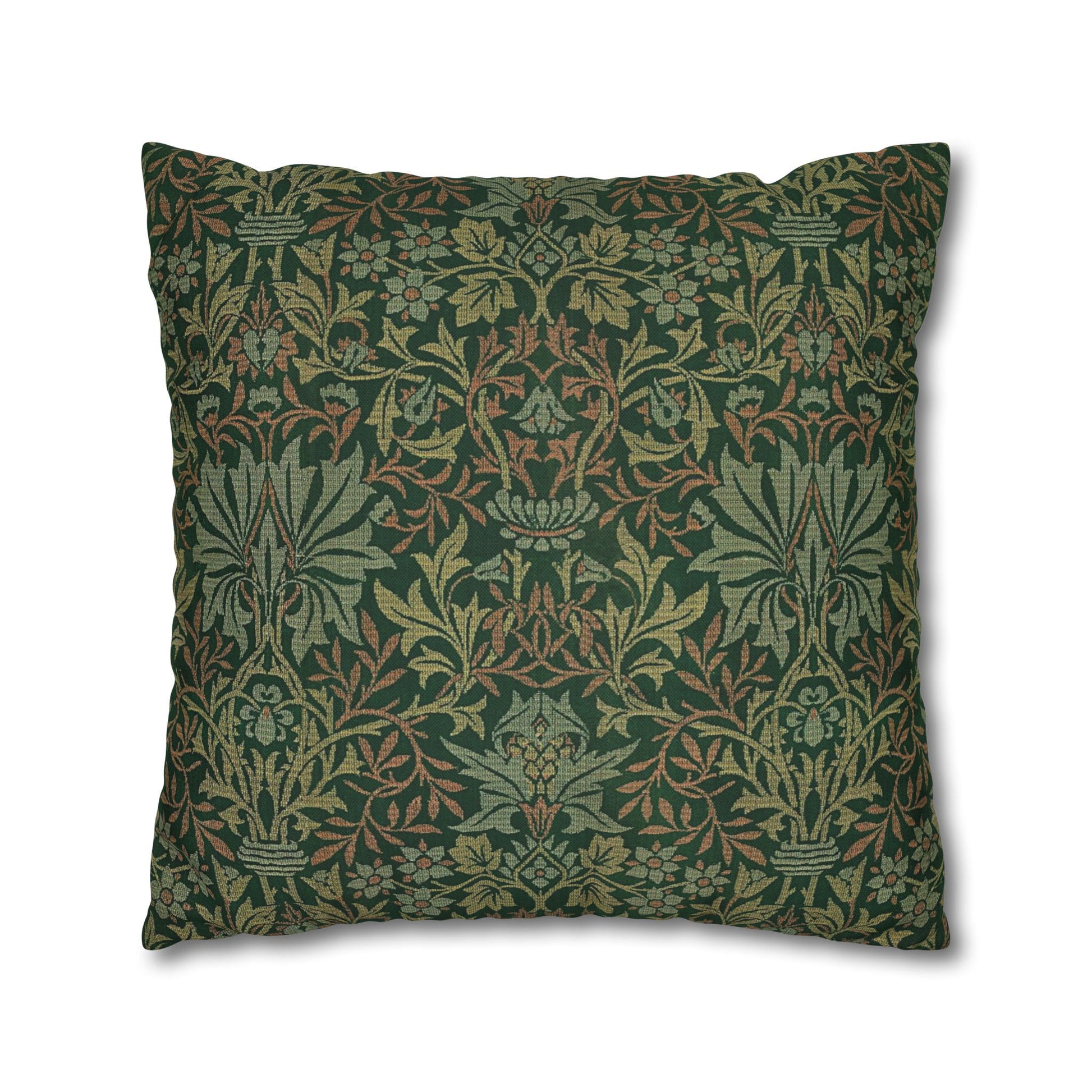Decorative pillow with intricate green and brown floral pattern on a white background