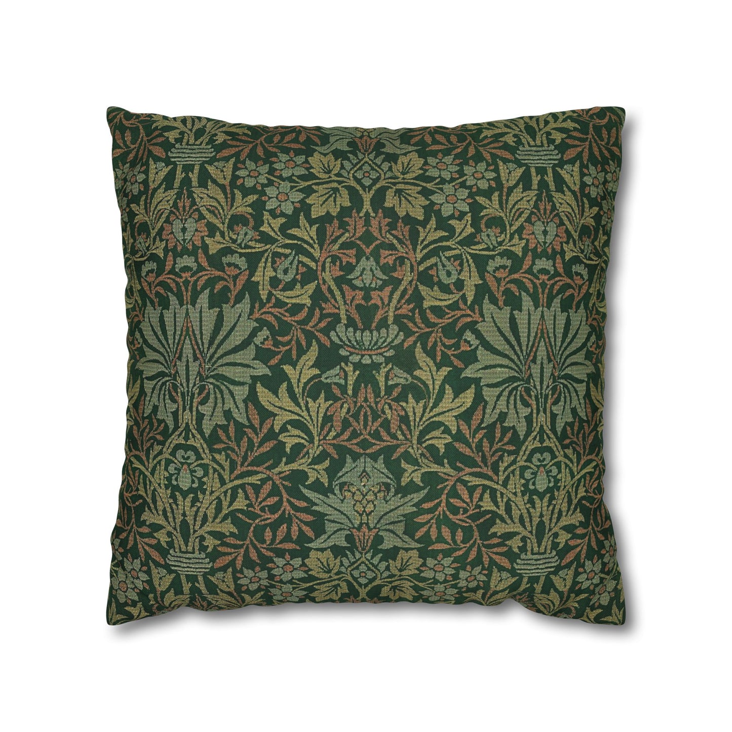 Decorative pillow with a green and brown floral pattern on a white background