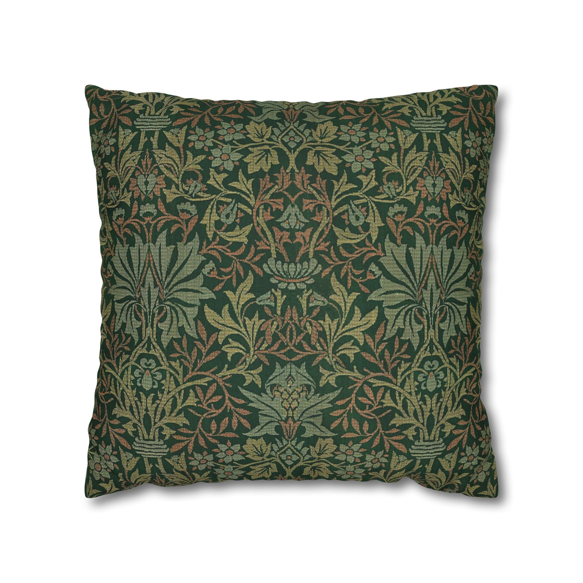 Decorative pillow with a green and brown floral pattern on a white background