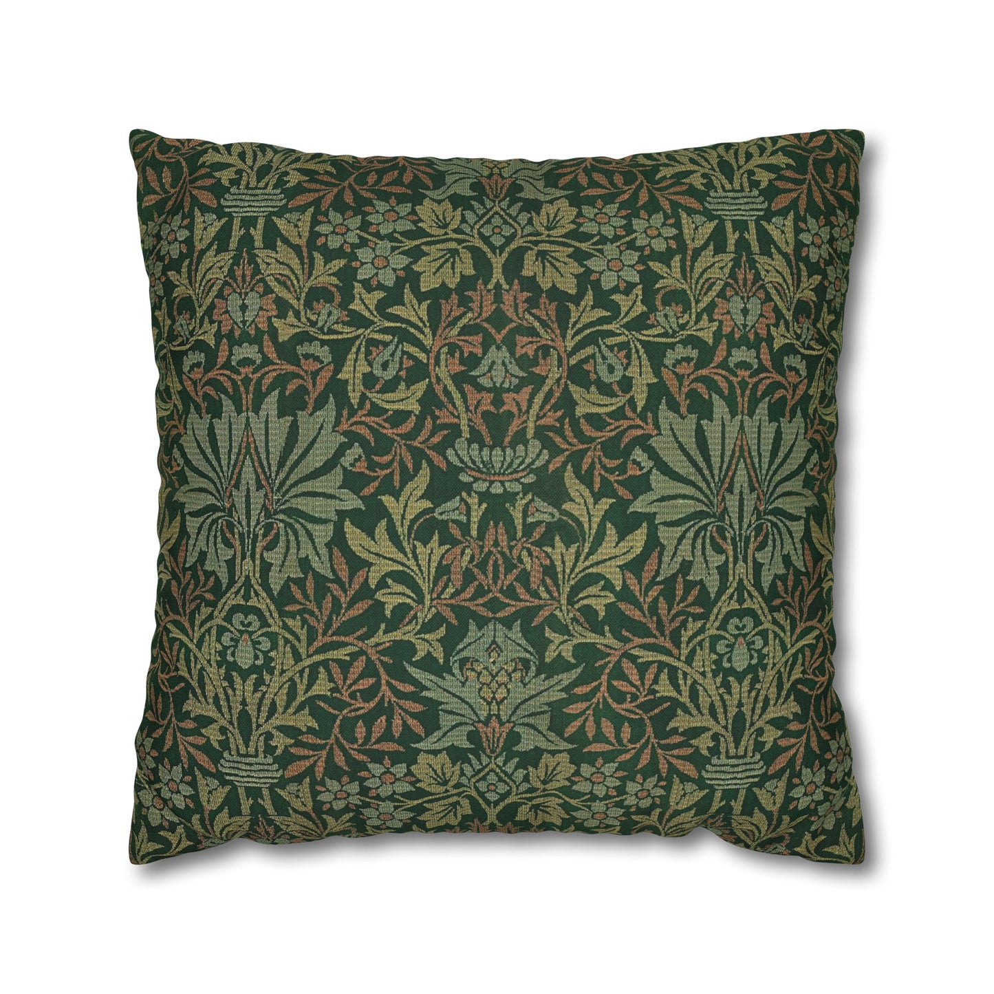 Decorative pillow with intricate green and brown floral pattern on a white background