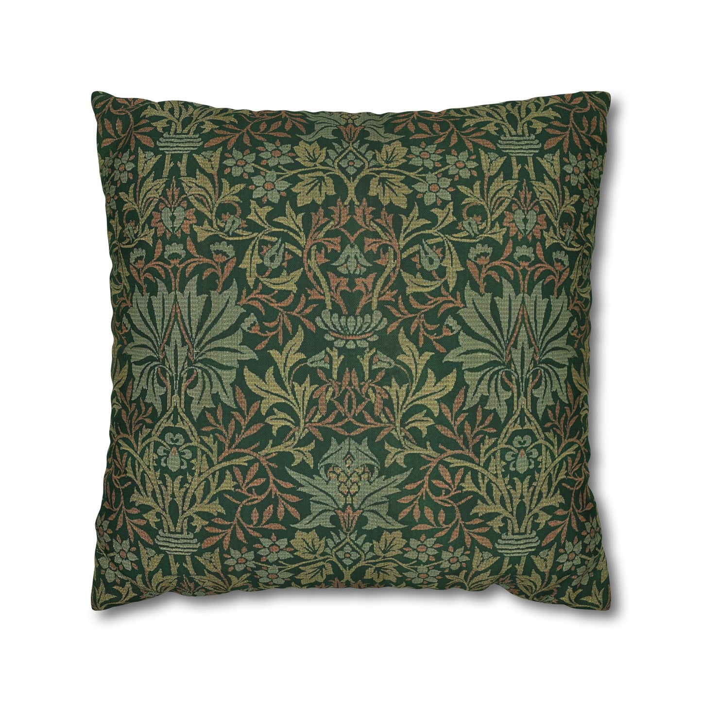 Decorative pillow with intricate green and brown pattern on a white background