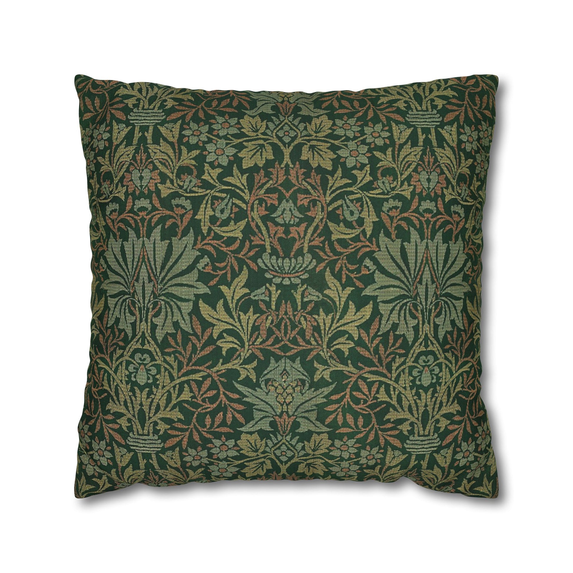 Decorative pillow with intricate green and brown pattern on a white background