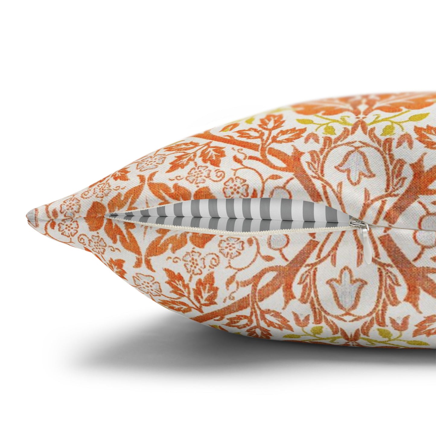 Decorative pillow with orange floral pattern on a white background - William Morris Golden Bough