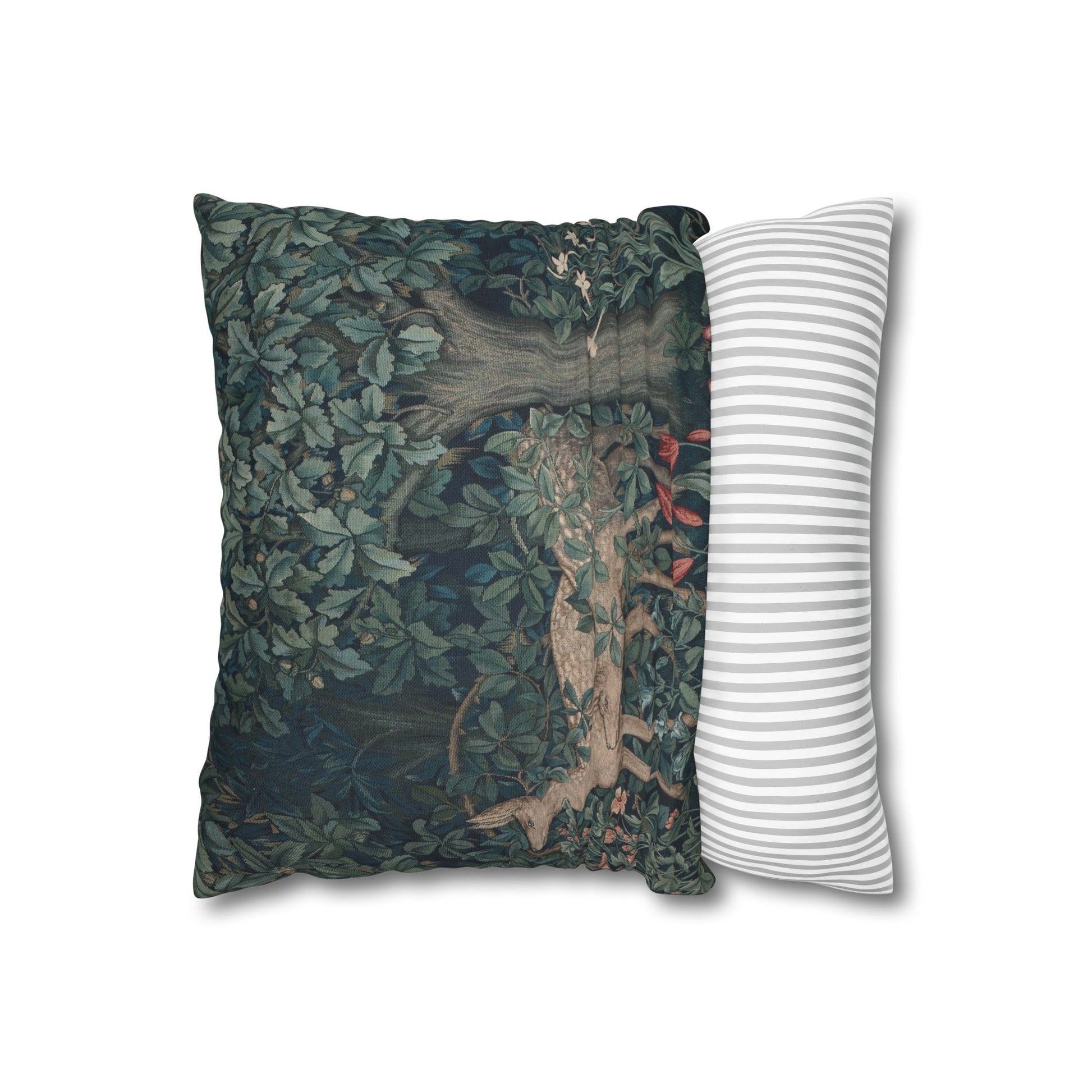 Two pillows, one with a nature-themed design and the other with a striped pattern, on a white background.