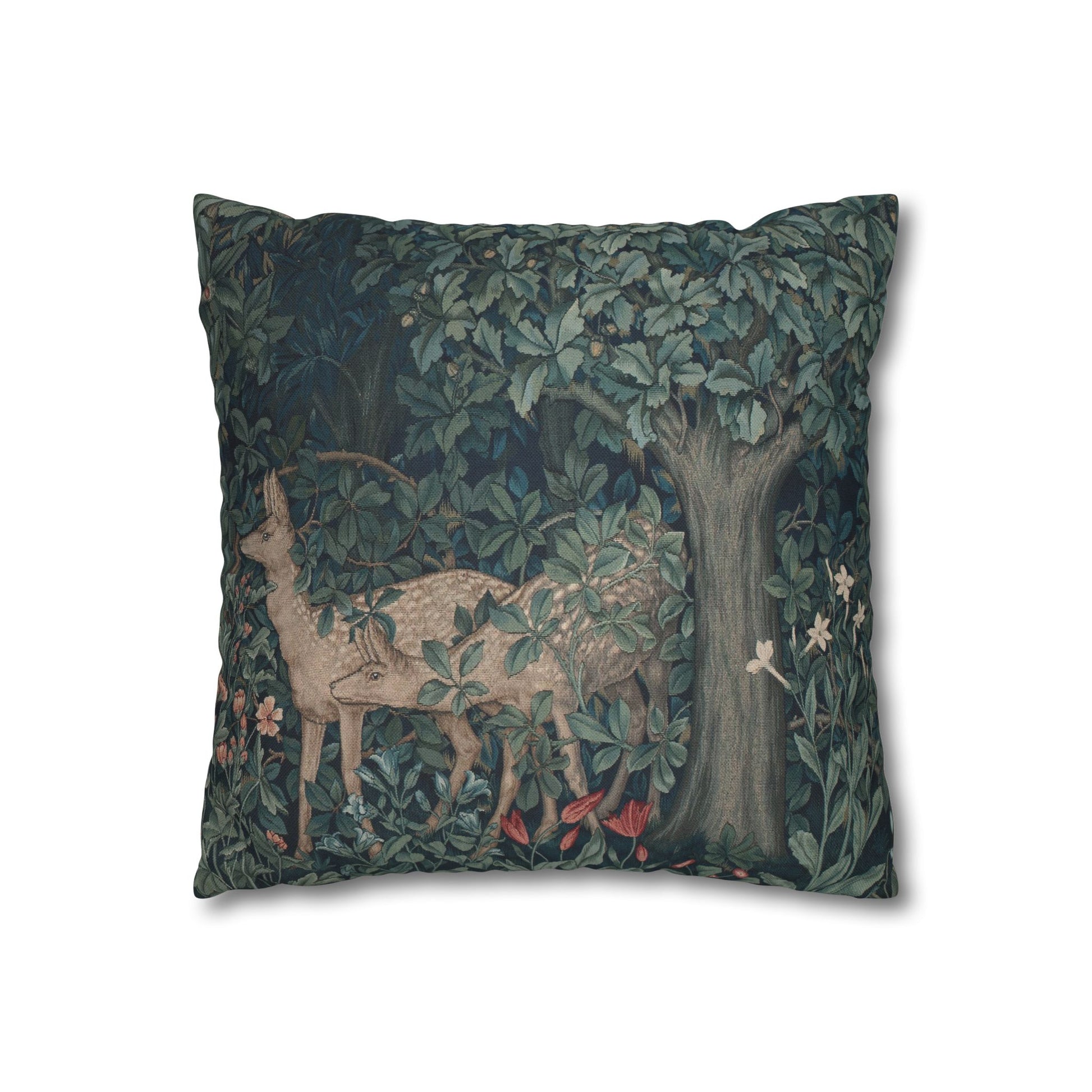 Decorative pillow with deer and nature design on a white background