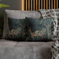 Decorative pillows with deer design on a gray sofa