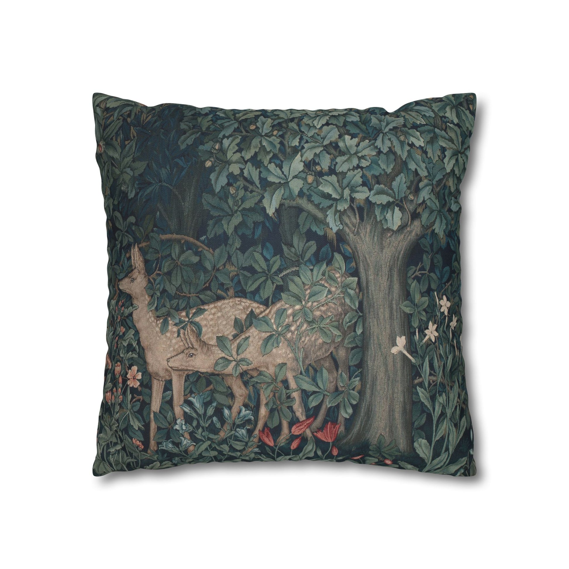 Decorative pillow with a deer and nature design on a white background