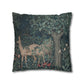 Decorative pillow with a nature-themed design featuring deer and trees on a white background